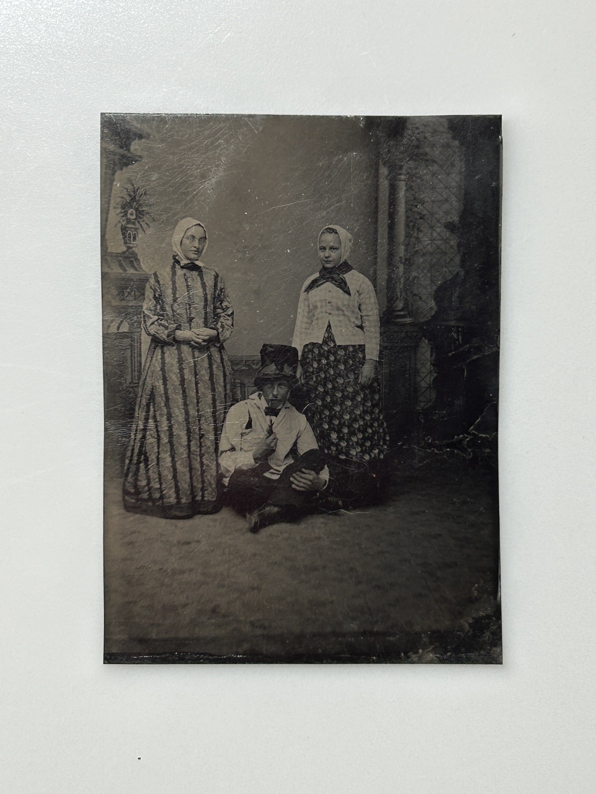 Antique Tintype Three People in Unusual Costume Headscarves 1/6 Plate