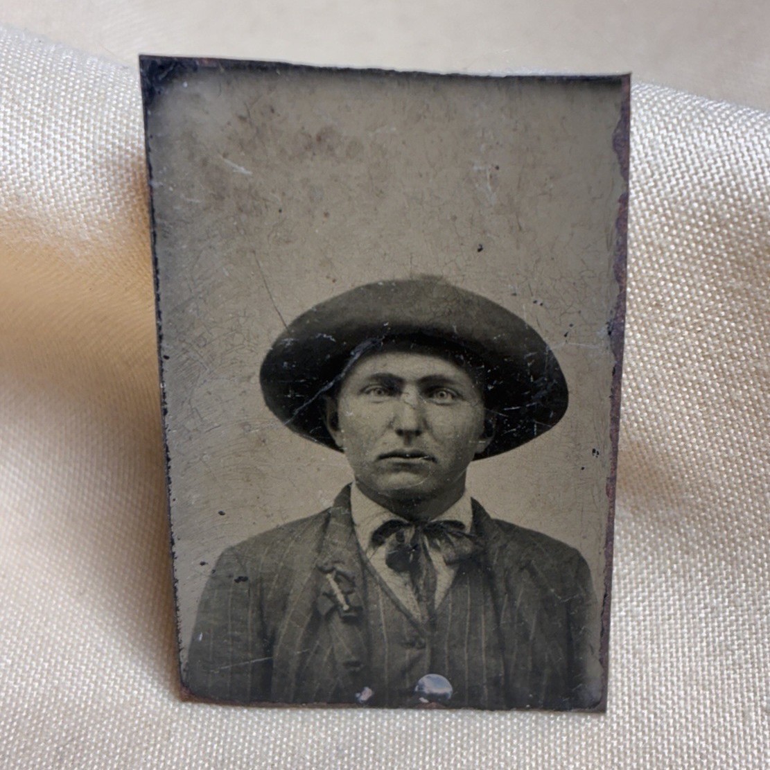 Antique Tintype 1850s to 1870s Man Intense Eyes Striped Suit Lapel Pin