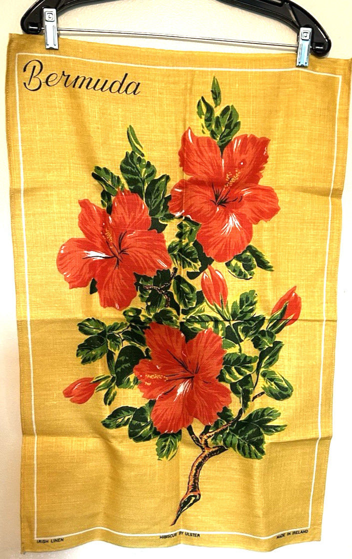 Unused New Vintage Ulster Bermuda Tropical Flowers Irish Linen Kitchen Tea Towel