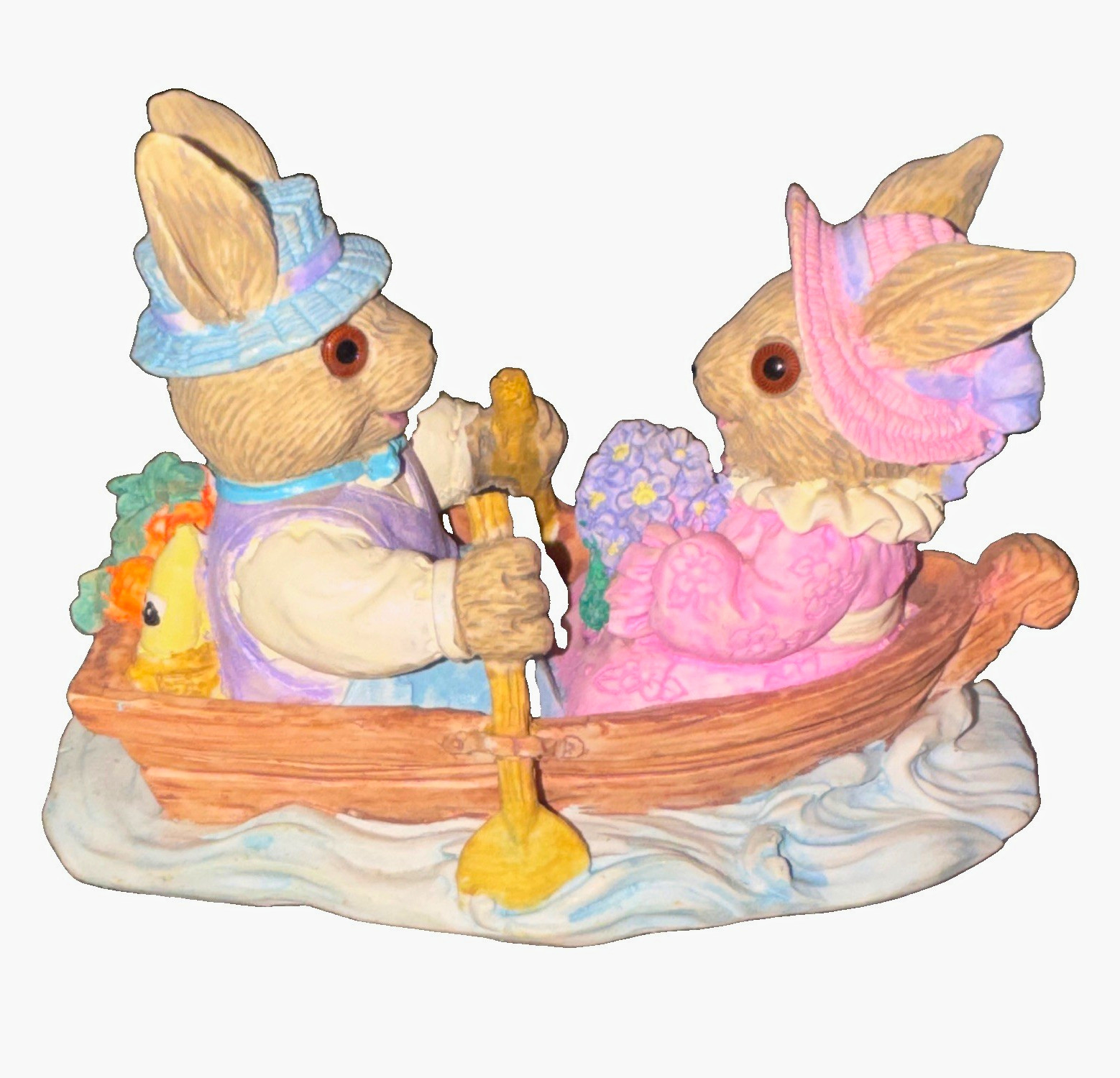 Vtg 1995 Mervyns Easter Bunny Figurine Rabbits in Rowboat Spring Decor 00217