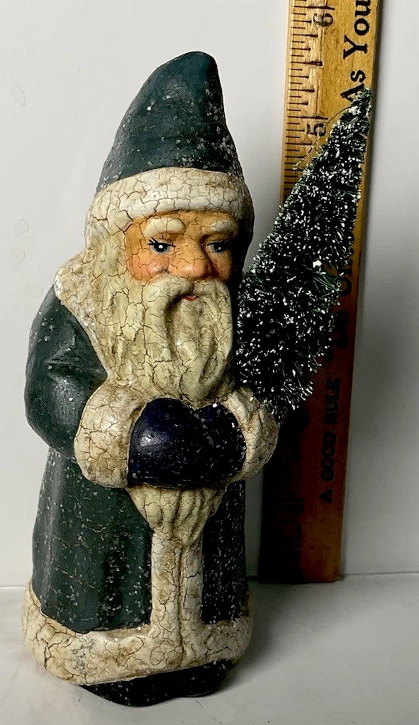 Vintage Midwest of Cannon Falls Belsnickle Crackle Green Santa w/Tree  5 Inches