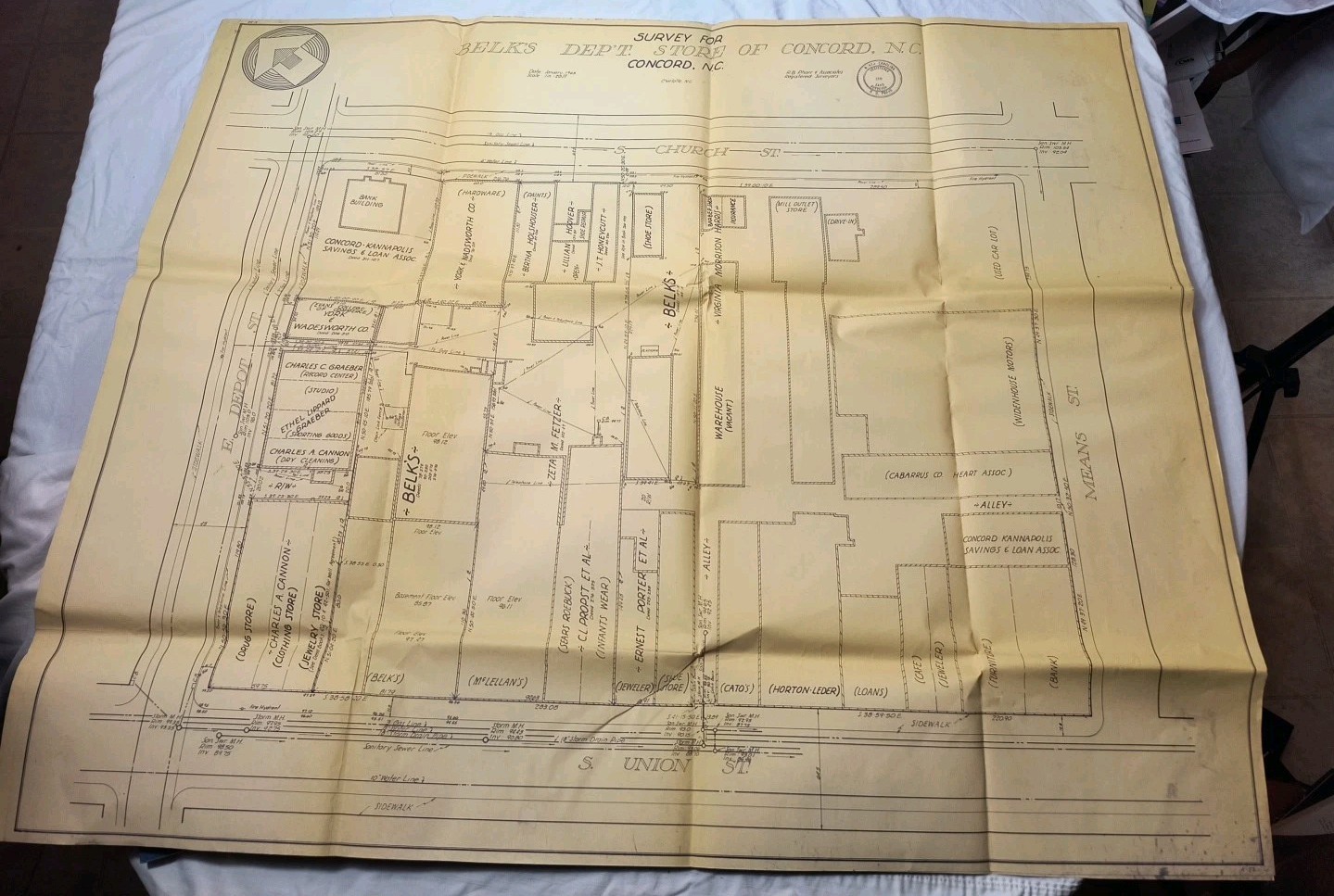 Original 1963 Downtown Concord, NC Survey Map Belk’s Depart Store & Surrounding 
