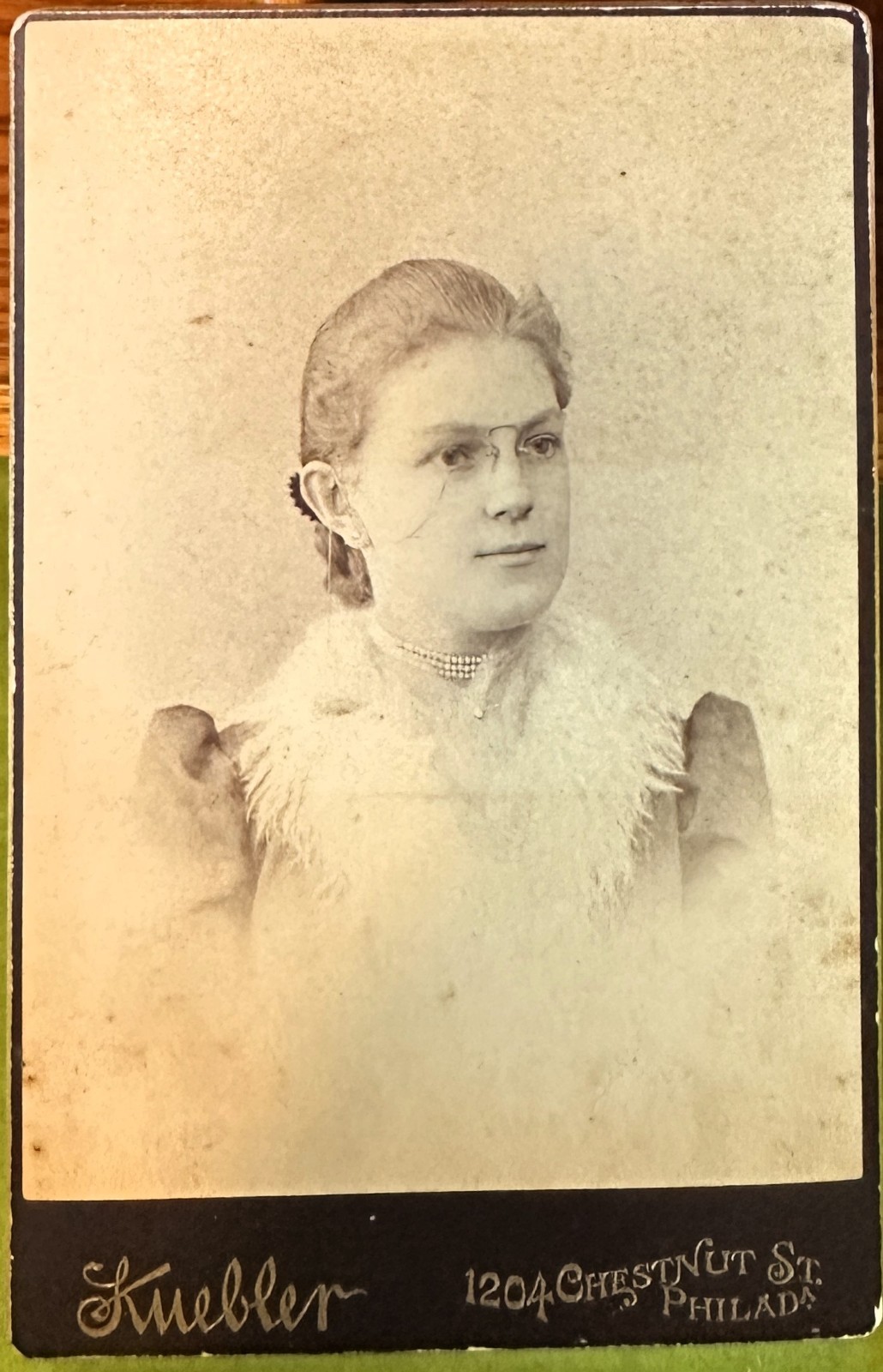 Vintage Sepia  Cabinet Card Young Lady w/Glasses 3 Strand  Pearl Choker Kuebler