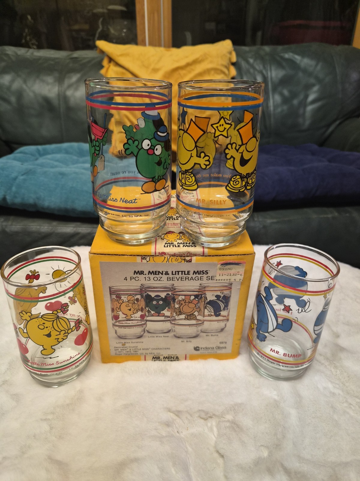 VTG 1981 Indiana Glass Mr Men Little Miss 4 Pc Beverage Set Glasses in Box Mint