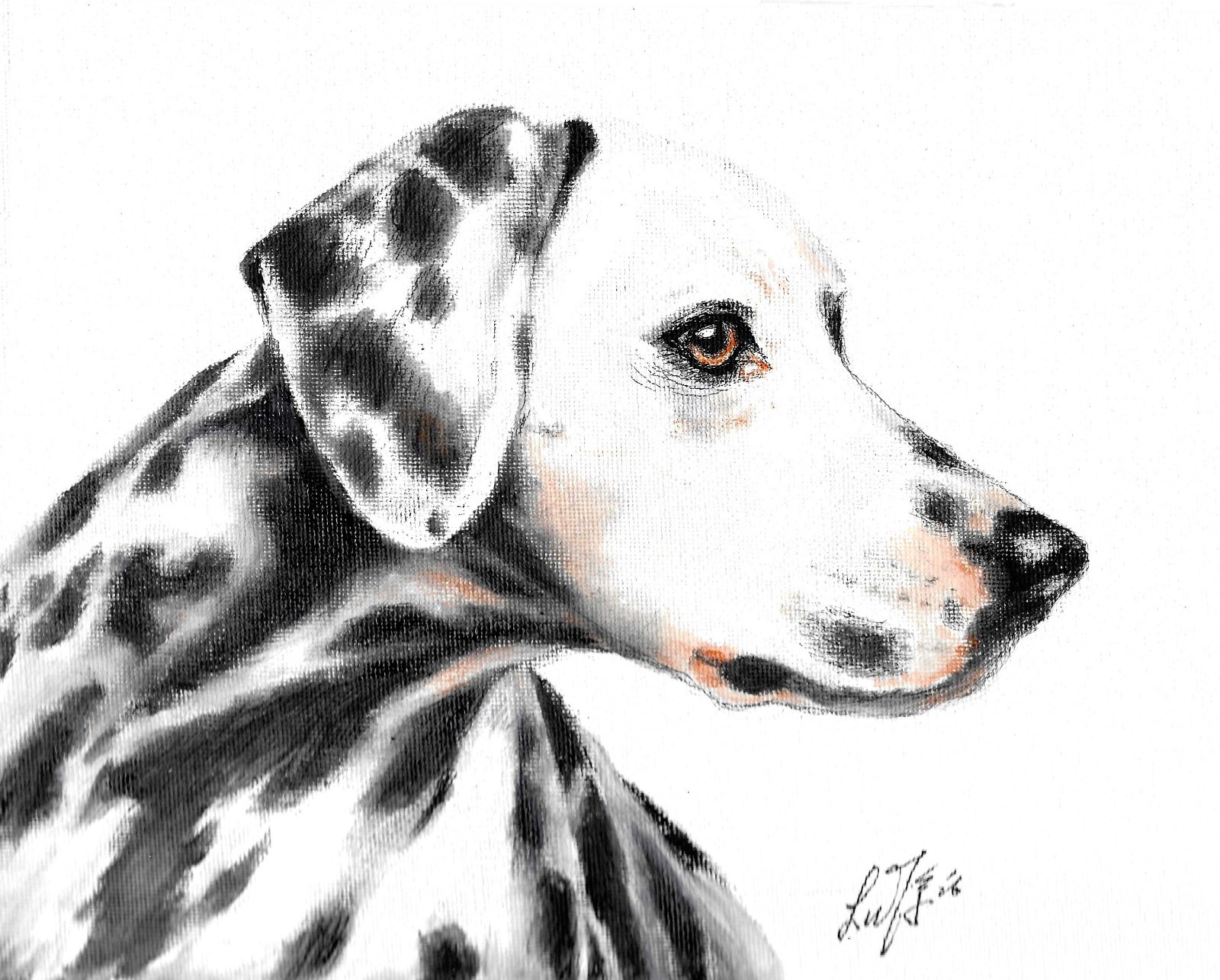 ❦ ORIGINAL Oil Dog Portrait Painting DALMATIAN Artist Signed Canvas Realism Art