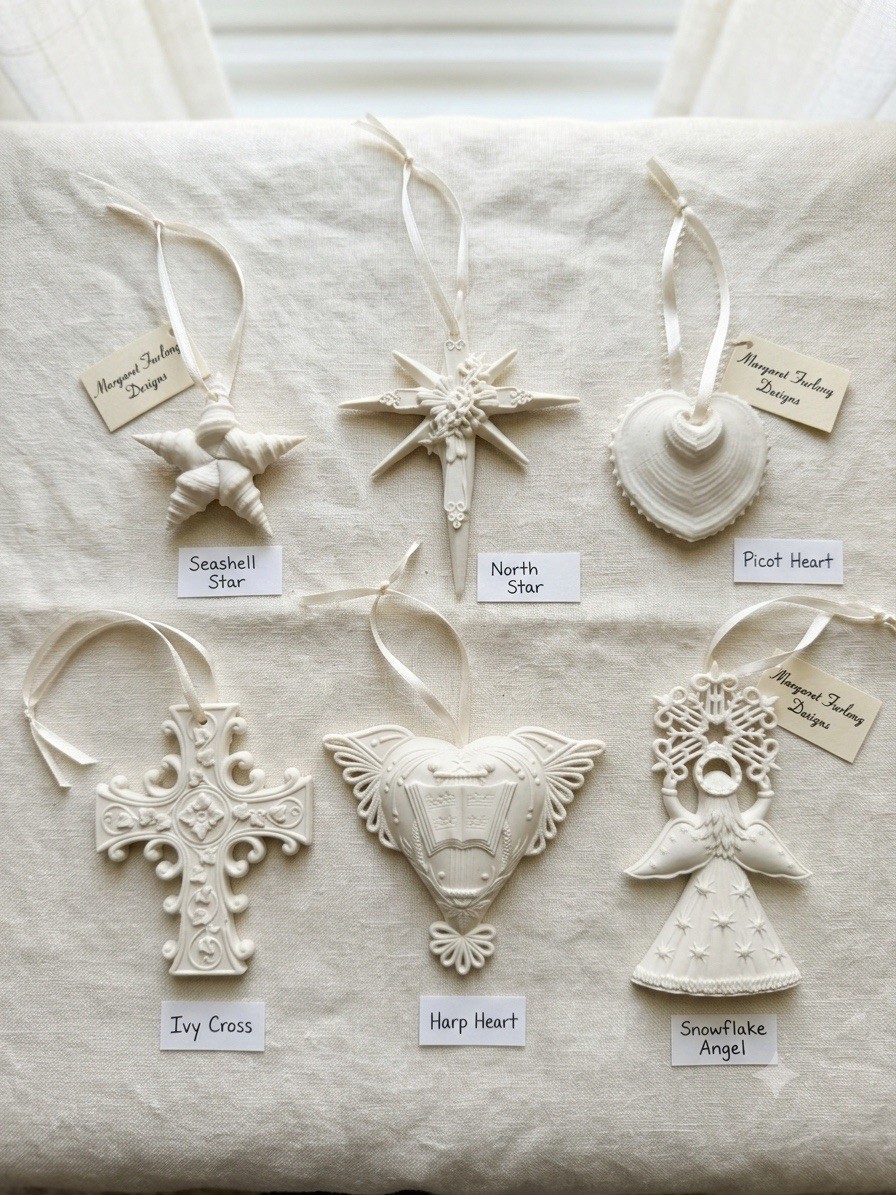 Vintage Margaret Furlong White Bisque Porcelain Shell Ornaments Set of 6