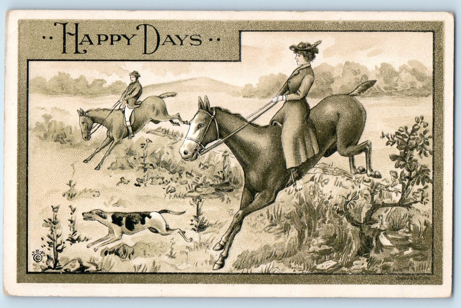 c1910\'s Happy Days Cowboy Cowgirl Dog Hunting Embossed Antique Unposted Postcard