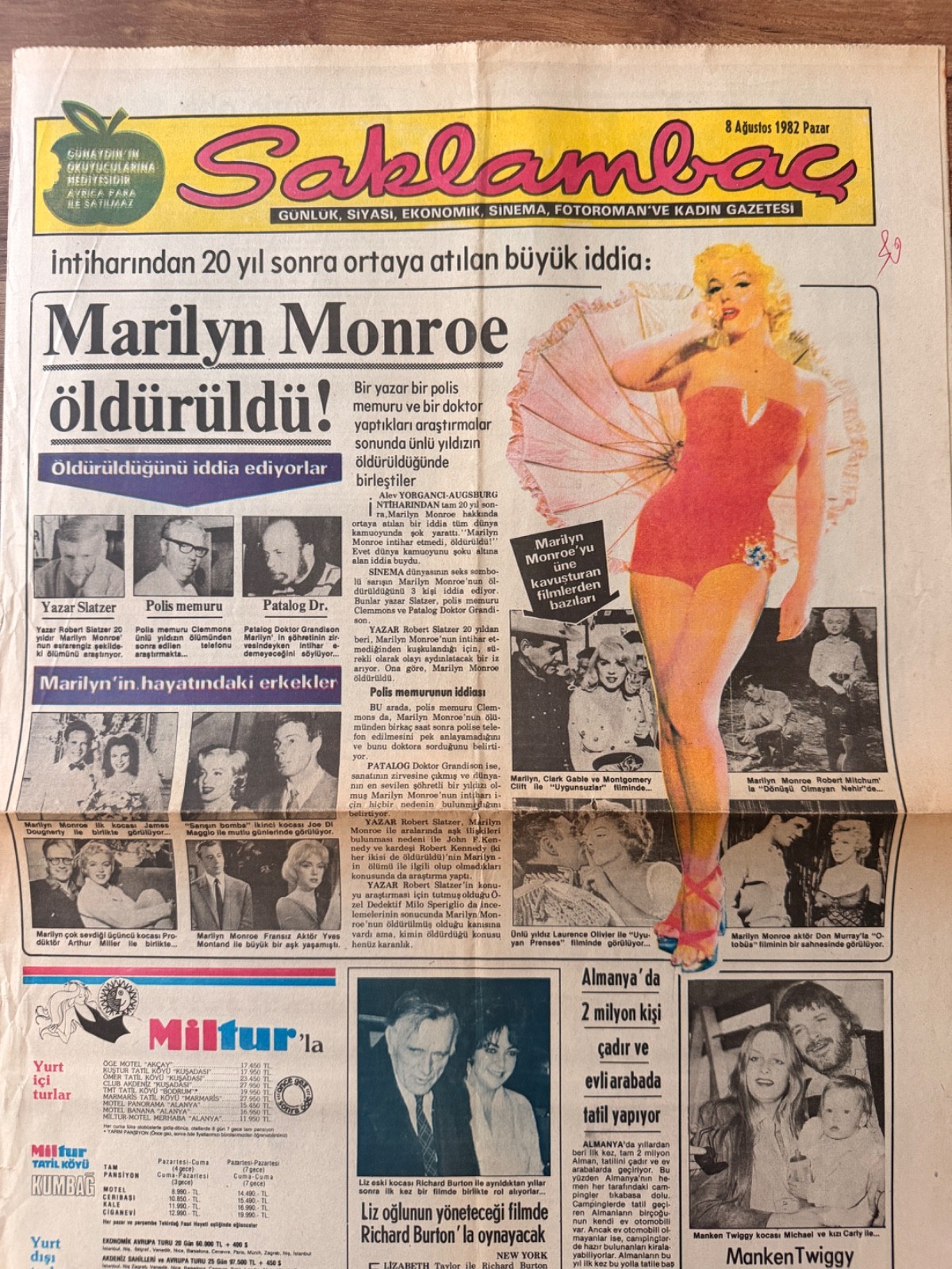 Rare Turkish Saklambac Newspaper Marilyn Monroe Vintage 1982 Original Gazette
