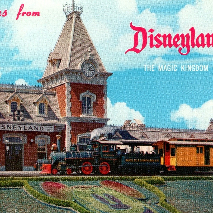 c1950s Anaheim CA Disneyland Postcard Main St Station Santa Fe Railroad Mickey