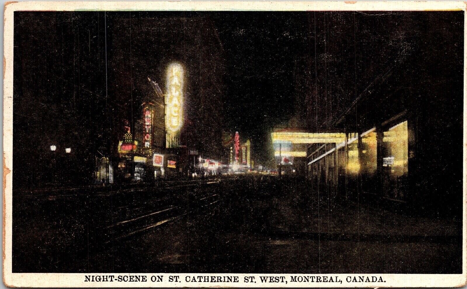 St Catherine Street West Montreal Canada Nighttime WB Cancel 2c Black Postcard