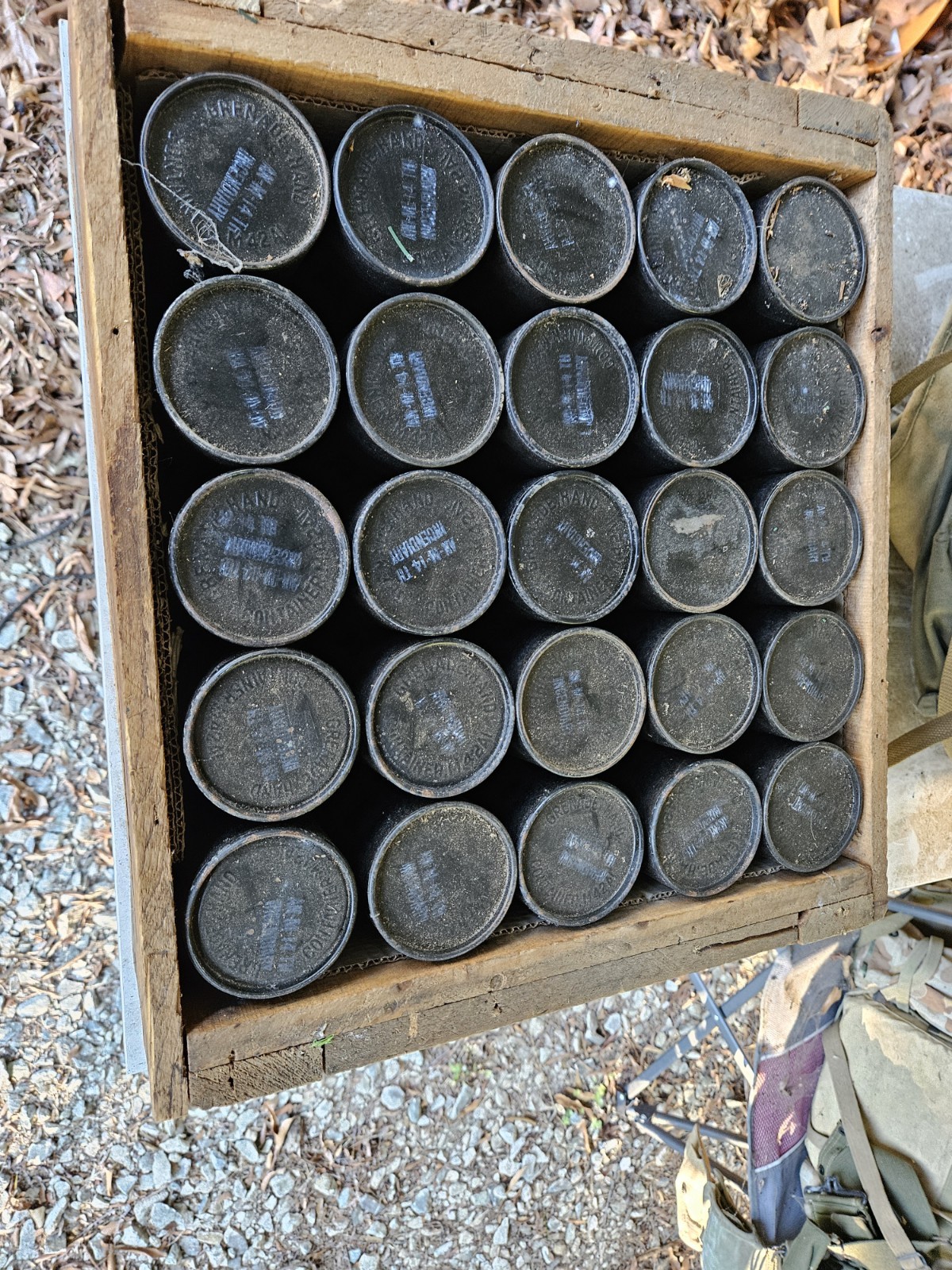 WWII US Hand Grenade 25 Empty Containers AN-M-14 TH Incendiary & Wooden Crate