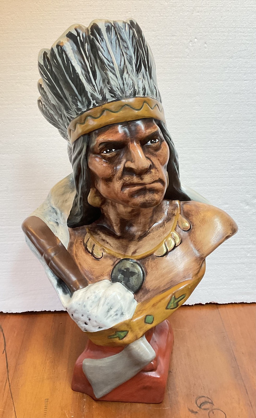 Antique Native American Chief Chalkware Bust Hand Painted Sculpture 18.5\
