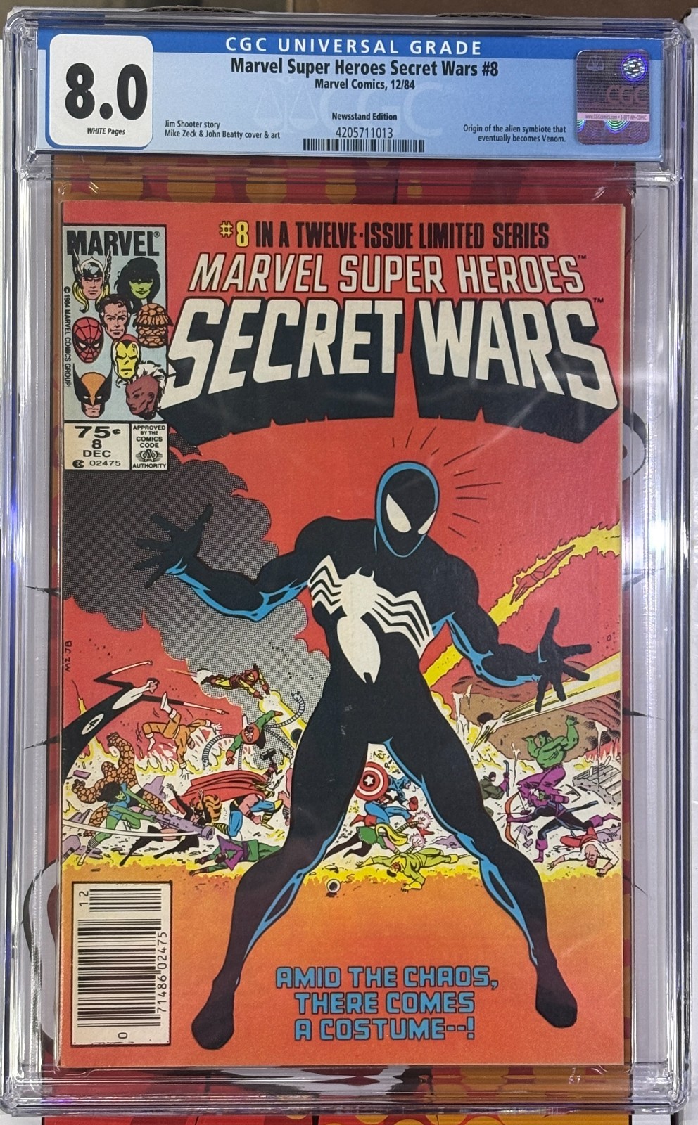 Marvel Super Heroes Secret Wars #8 Newsstand CGC 8.0 White Pages Symbiote Origin