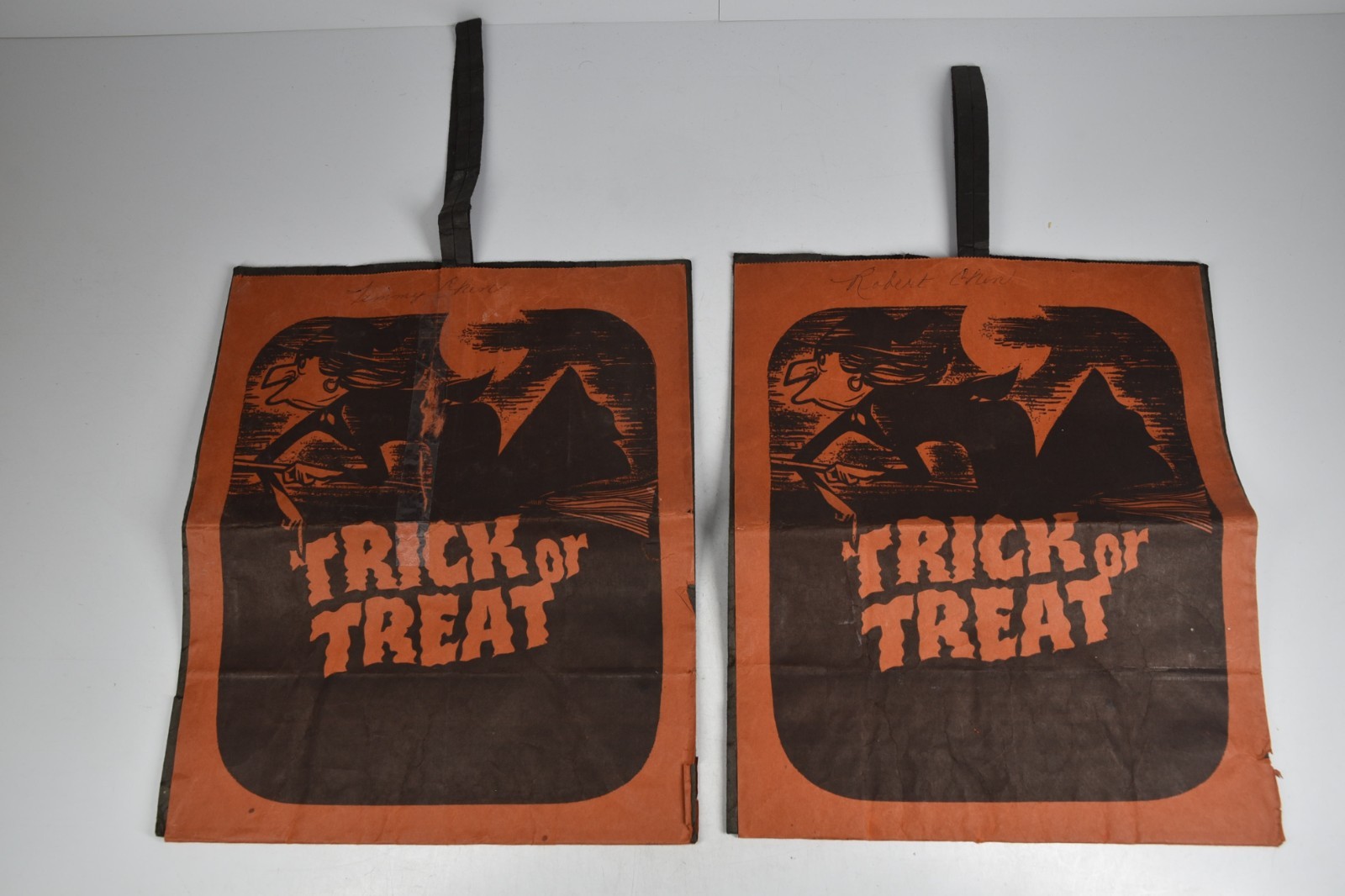 2 Vintage Trick Or Treat Bags Halloween Candy Holders Straps Black Orange Retro