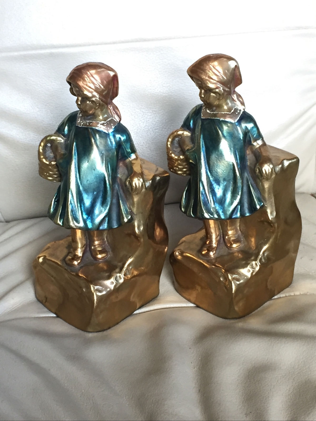 Cold Painted Bronze Armor Farmerette Book Ends c 1925 Girl w Basket & Blue Dress