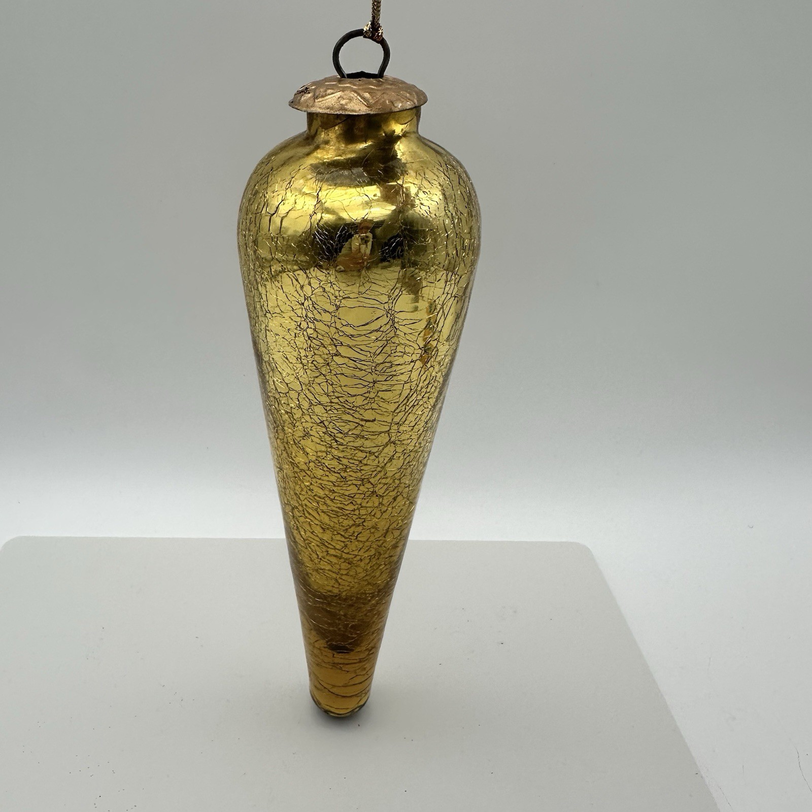 Vintage Lrg Gold Kugel style  10”H Tear Drop Xmas Ornament Heavy Crackle Glass 