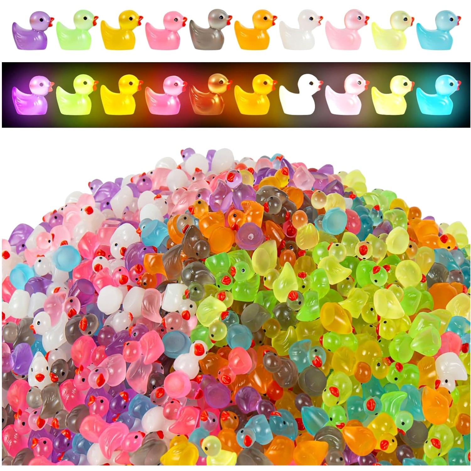 Resin Duck Miniatures - 1000 Pcs Glow in The Dark, 10 Colors