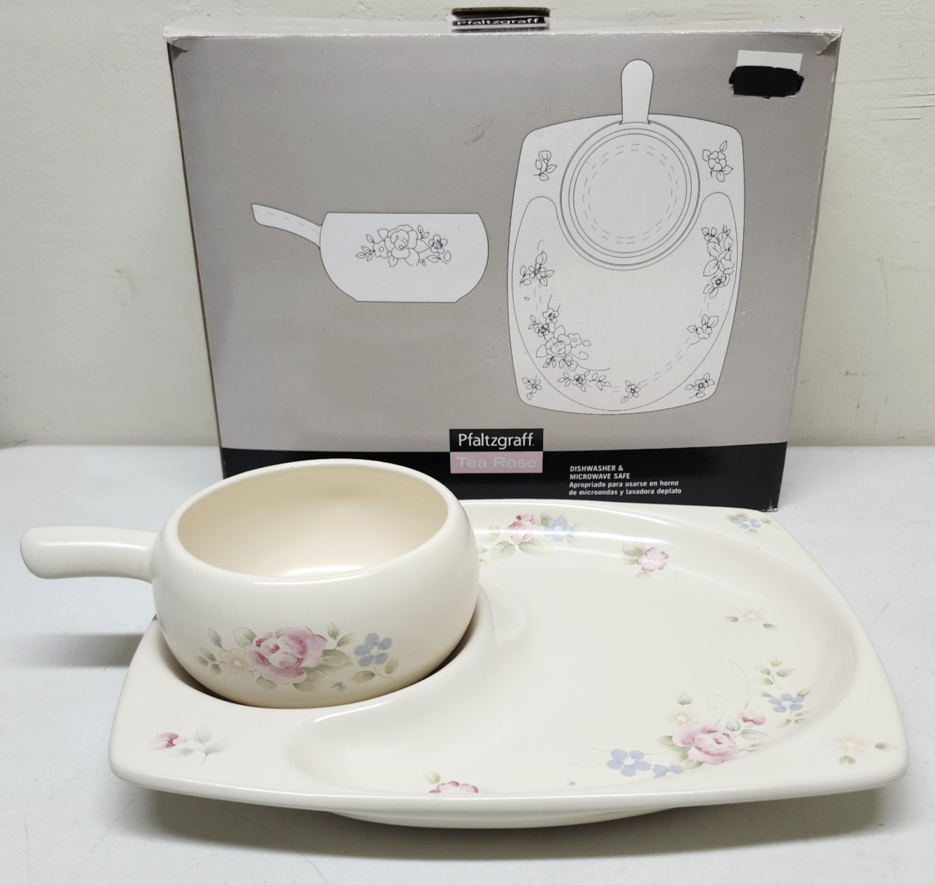 Pfaltzgraff Tea Rose Snack Tray With Soup Chili Mug Set In Original Box 