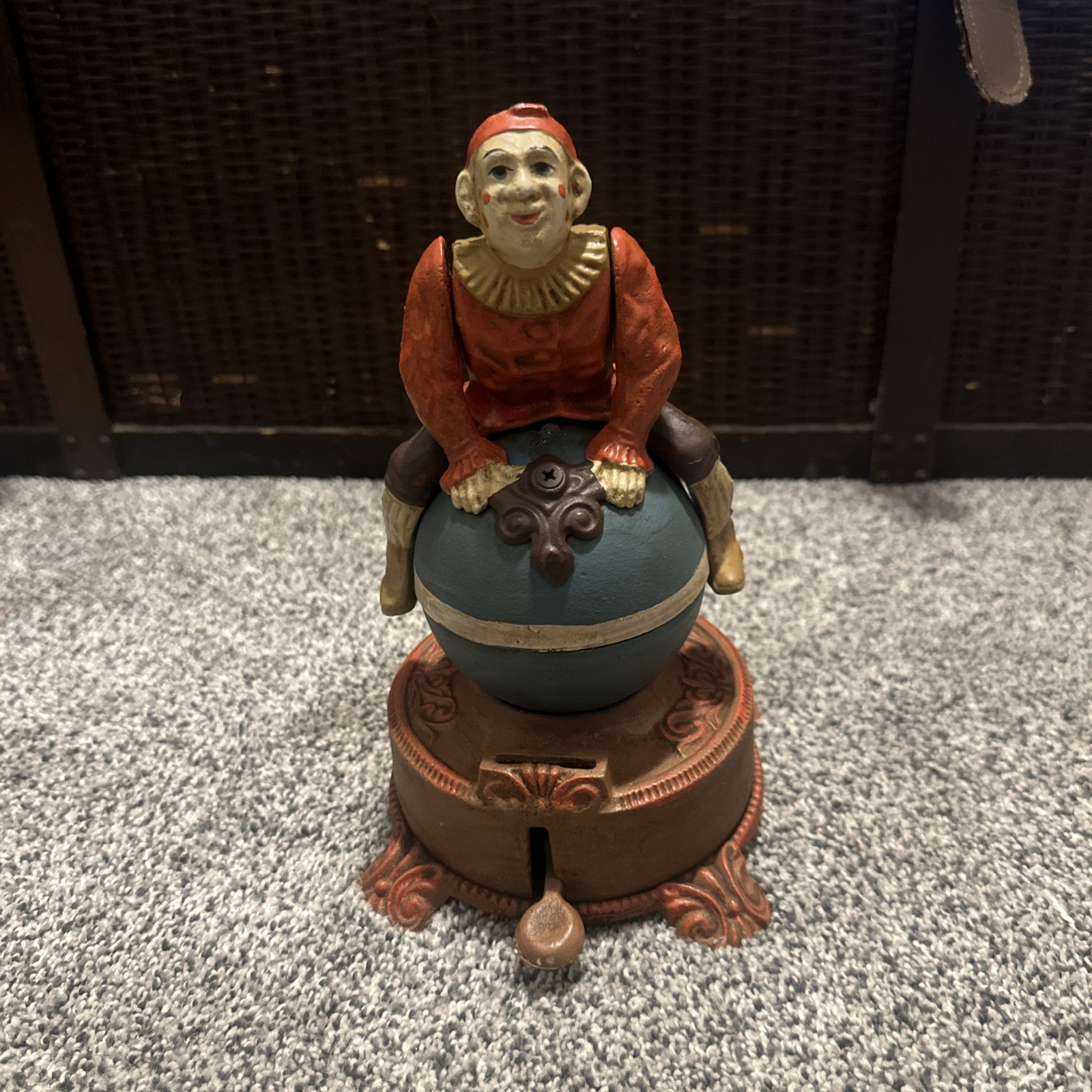 J & E Stevens Clown on Globe Cast Iron Mechanical Coin Bank Spinning NICE