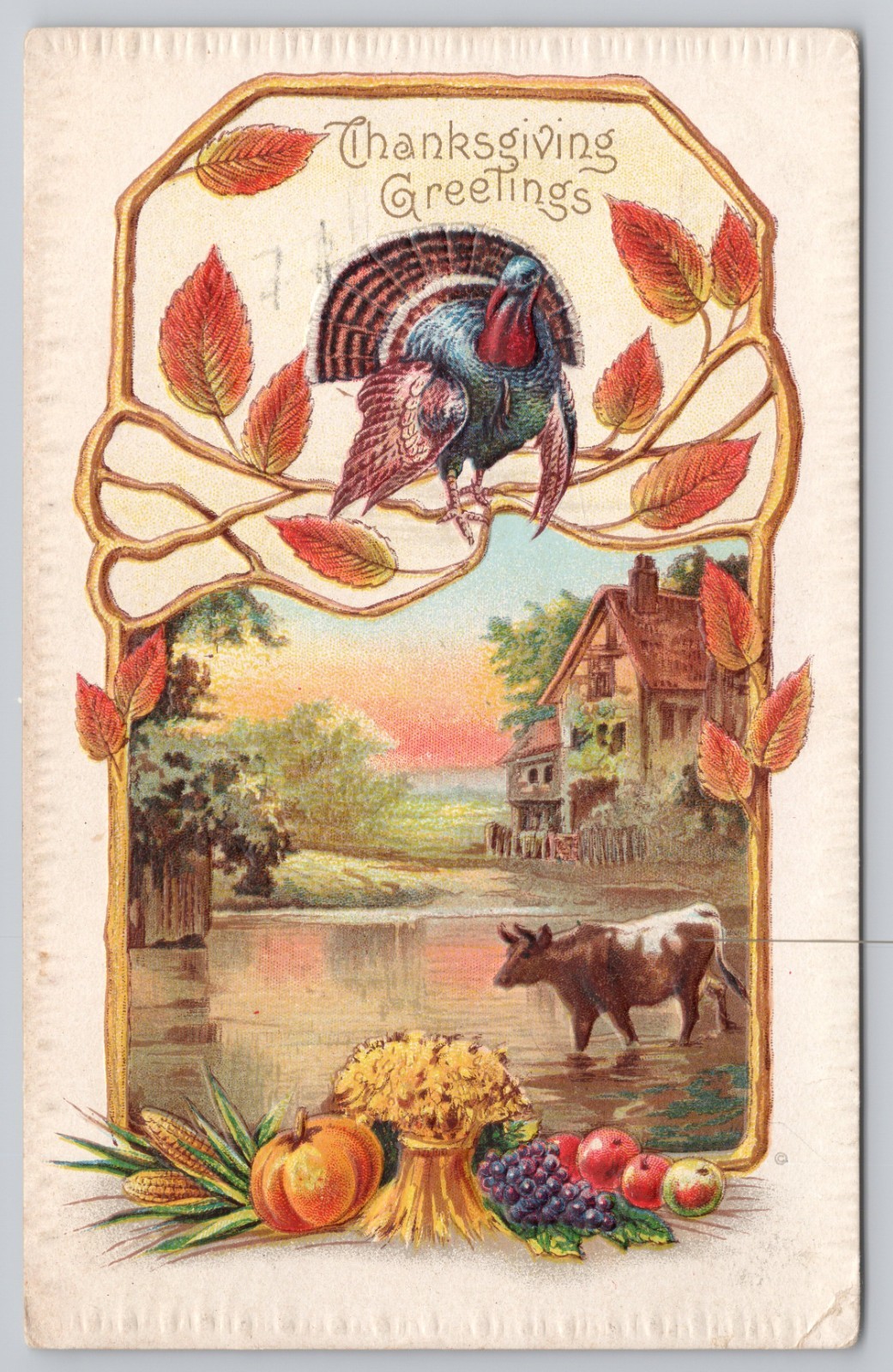 Postcard Thanksgiving Greetings, Turkey, Farm Scene, Harvest A13976