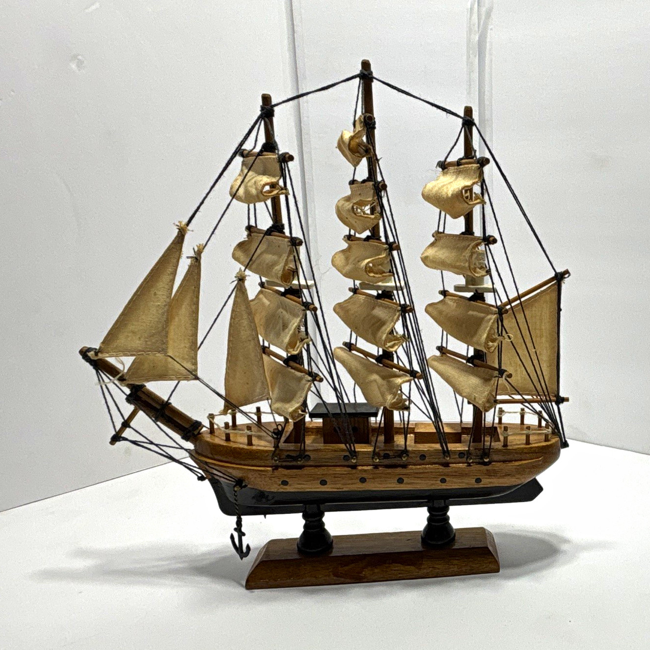 Wooden Model Tall Sailing Ship with Fabric Sails & Stand, Approx. 9 in