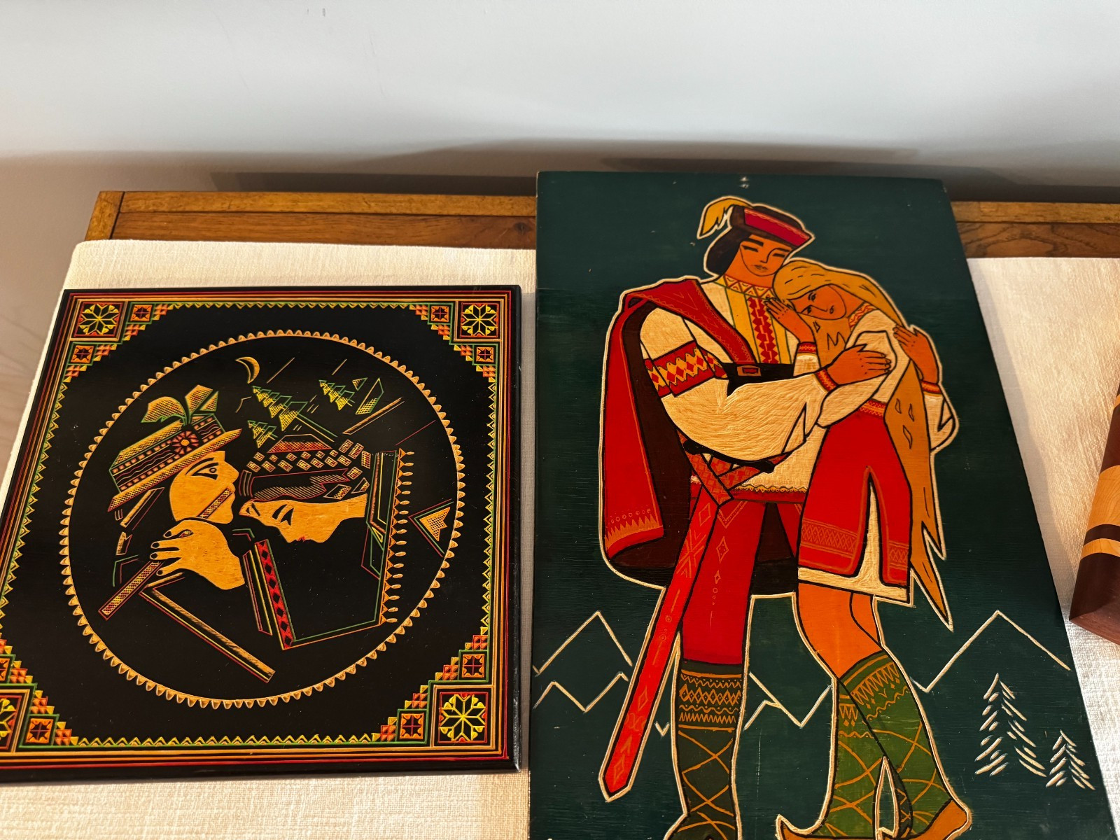 Vtg Hand Painted and Carved Native American Design Wall Hanging on Wood