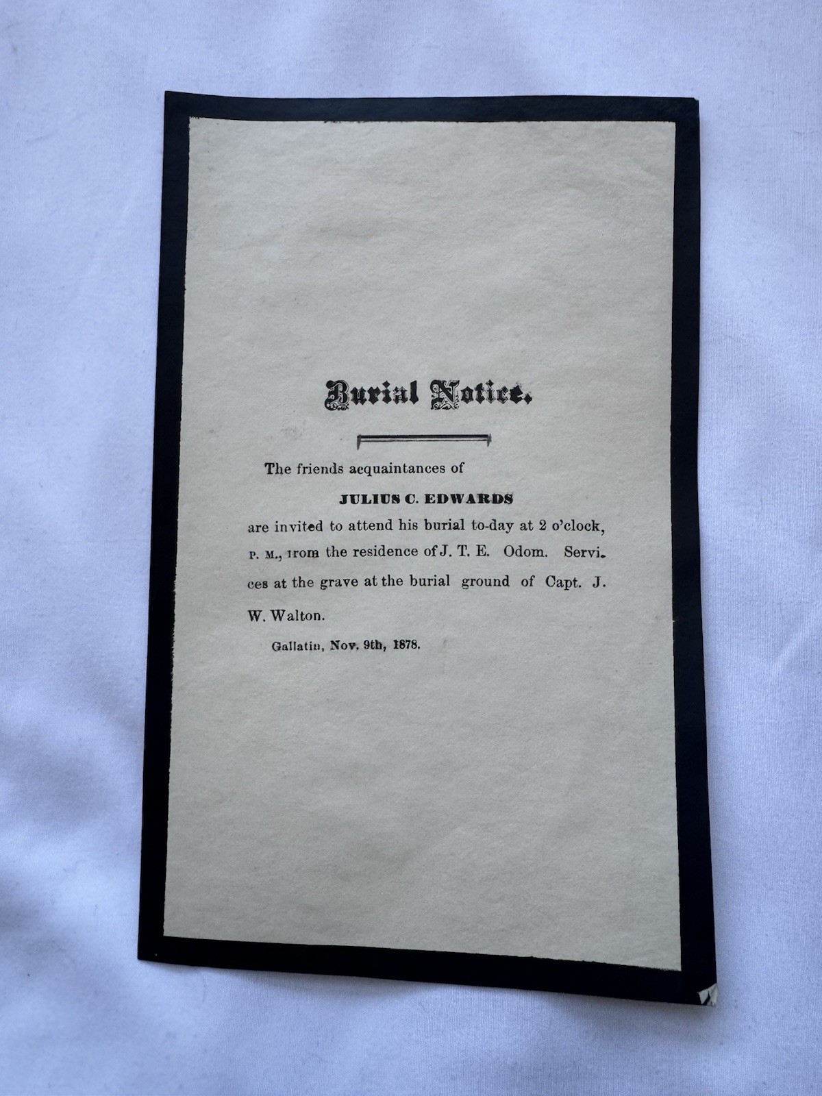 Antique 1878 Burial Notice Julius Edwards Gallatin, TN Funeral Death Ephemera