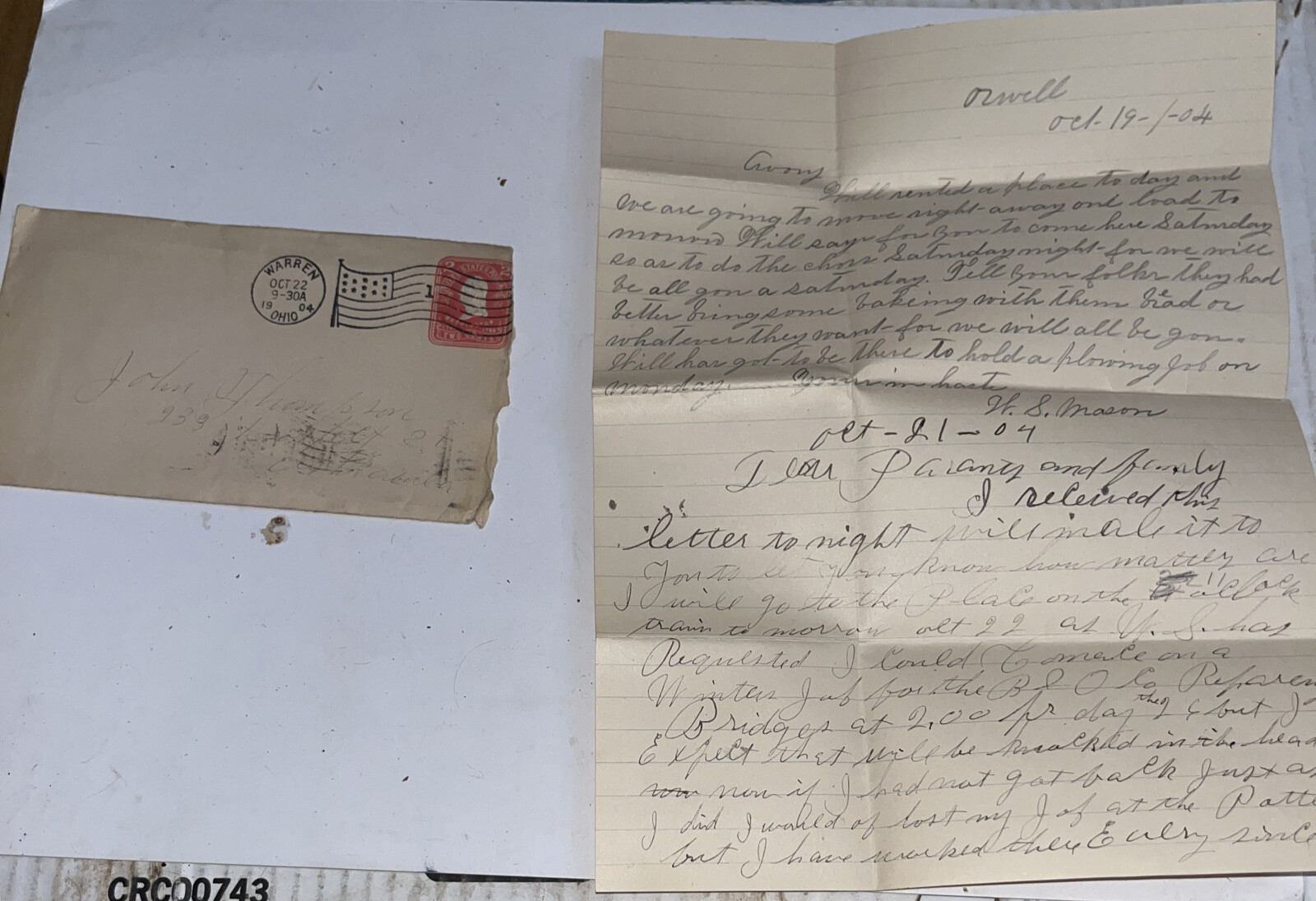 Antique 1904 Letter to Ashtabula County Ohio from Warren OH Mentions Plowing