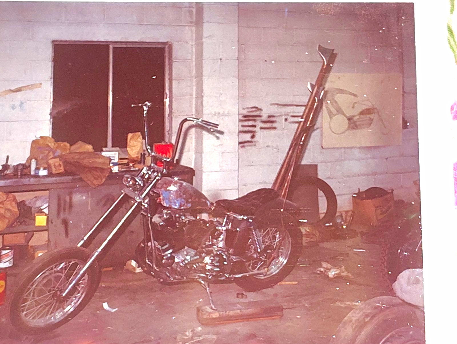 VTG 1970 Custom Chopper Motorcycle Long Exhaust Pipe Photo Well Loved Garage