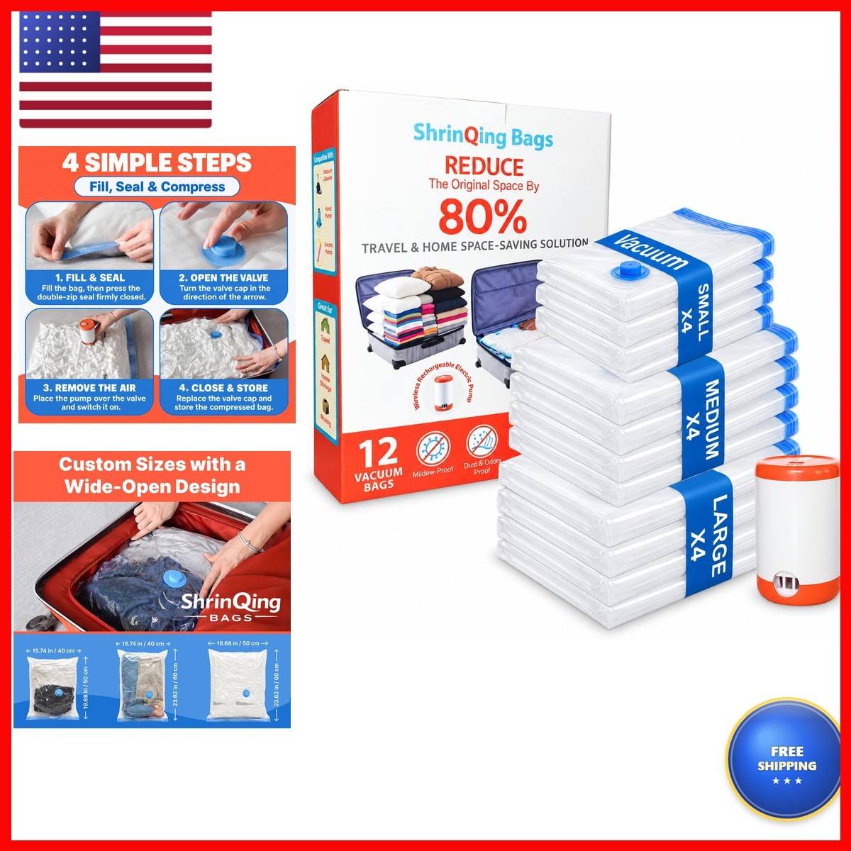 ShrinQing 12PCS Vacuum Storage Bags with Rechargeable Electric Pump, 3 Sizes