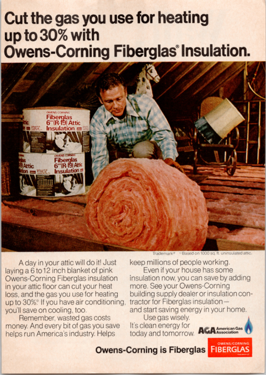 Owens-Corning Fiberglas Insulation Vintage Magazine Print Ad 1970s Pink Attic