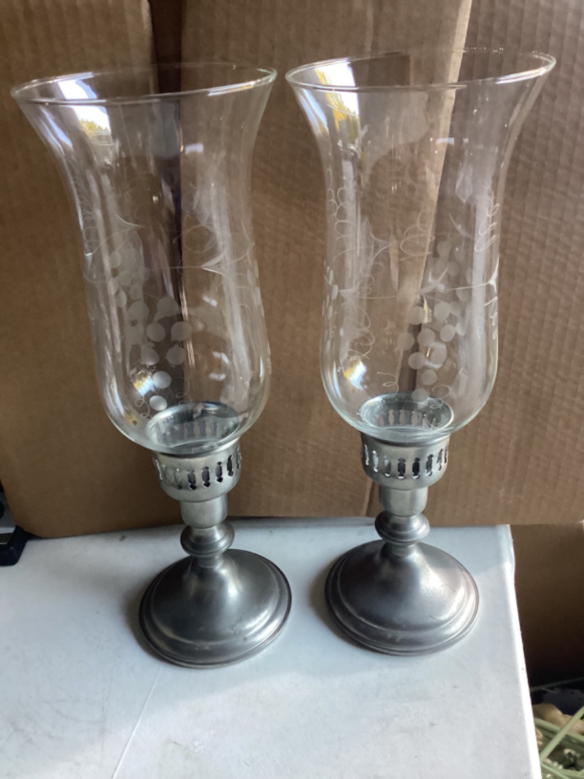 Empire Pewter Candlesticks Etched Glass Hurricane Shades Set Of 2 - 11”