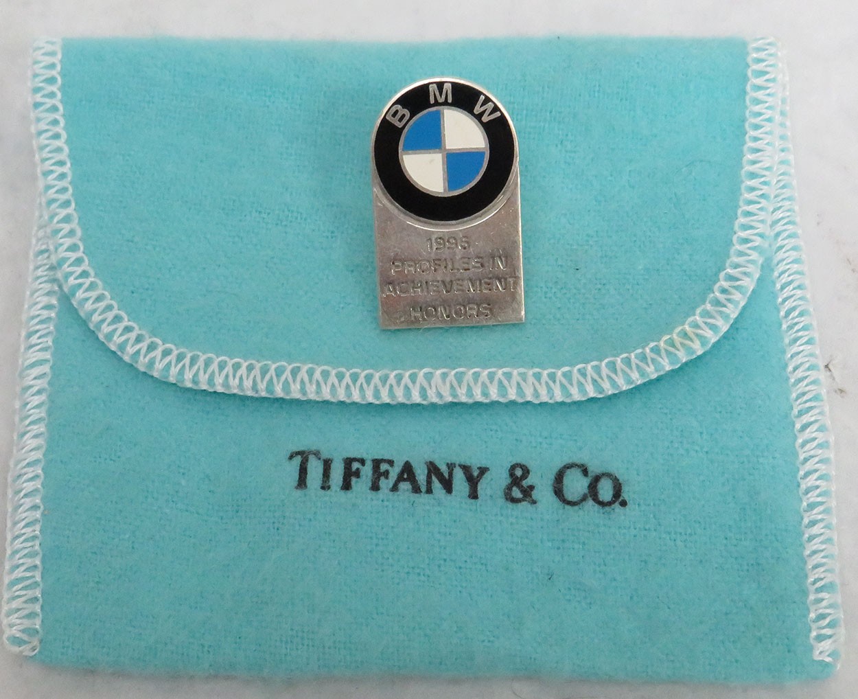 VINTAGE TIFFANY & CO STERLING SILVER BMW MOTOR CO. LAPEL PIN IN POUCH