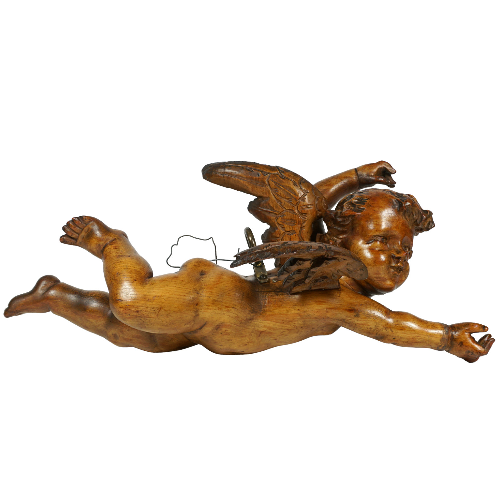 Antique European Hand Carved Wood Flying Cherub Putto Angel Architectural