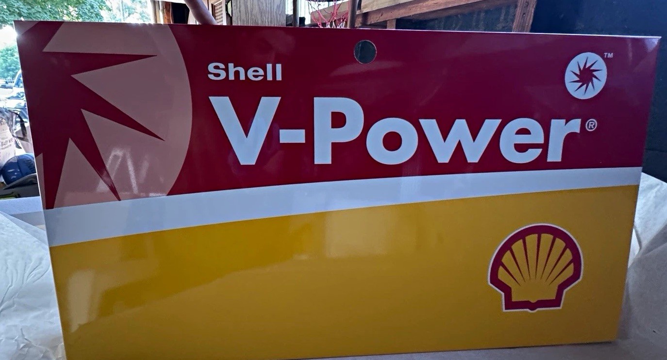 Shell V-Power Gas & Oil Sign Panel Red Yellow White 30.5”w x 17”h  *NOS” SET (2)