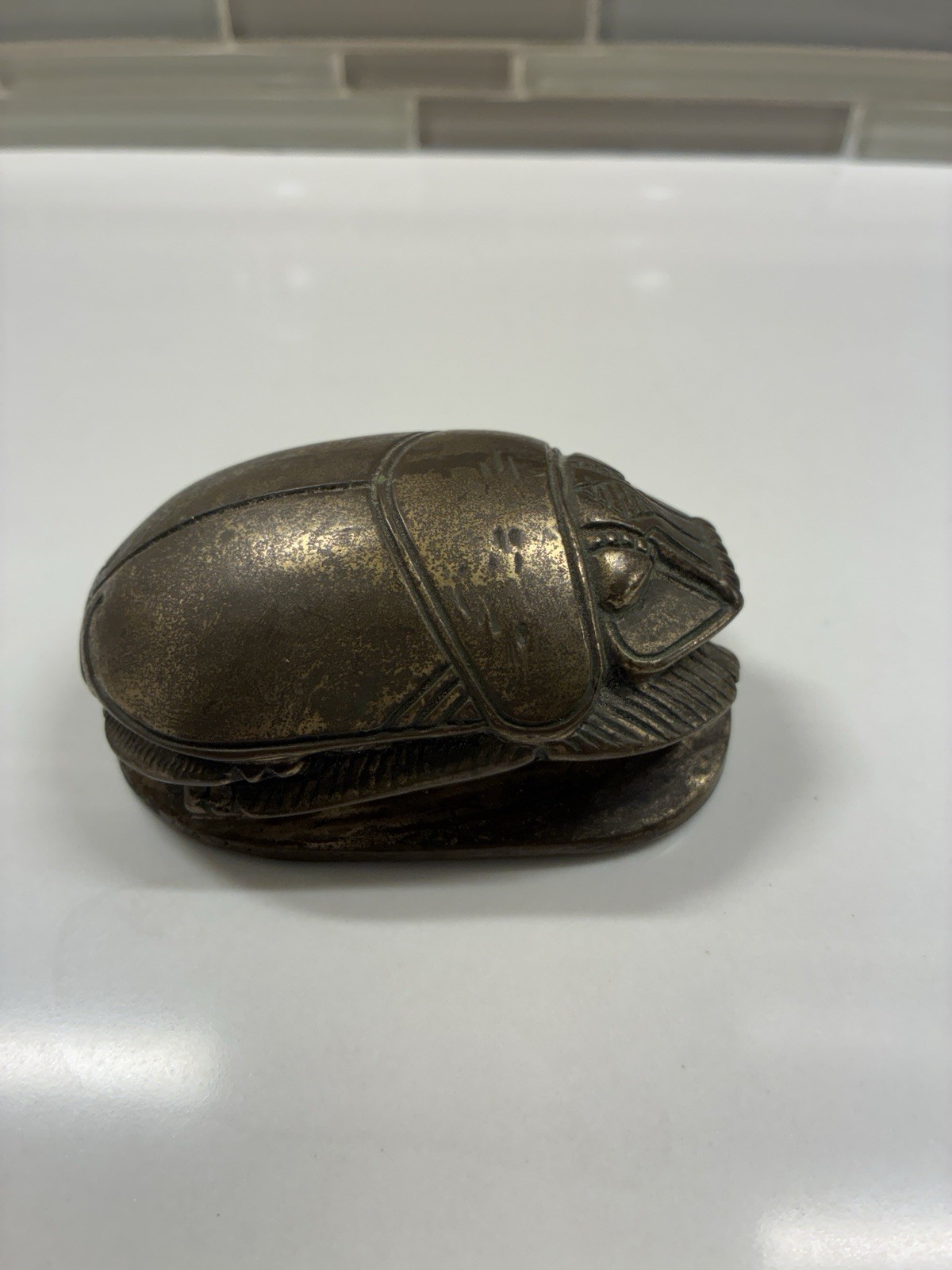 Vintage Solid Brass Egyptian Scarab Paperweight Hieroglyphics Egypt 3¼” Heavy