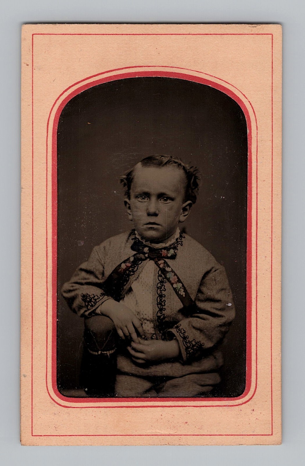 Antique Tintype CDV Photo Victorian Child Boy Embroidered Jacket Folk Art 1860s