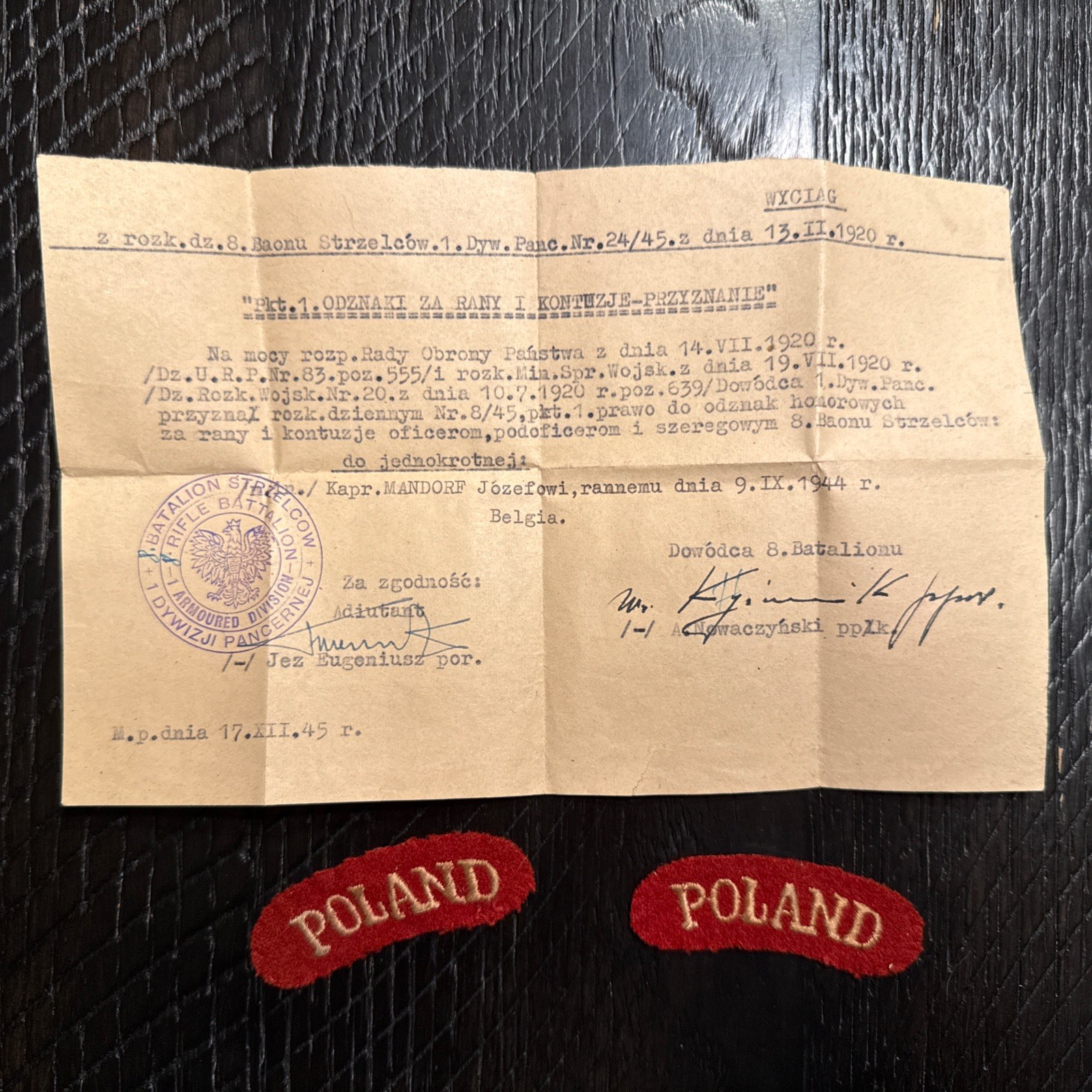 WWII Polish 1st Armored Division Document & Patches Lot 8th Rifle Battalion 1944