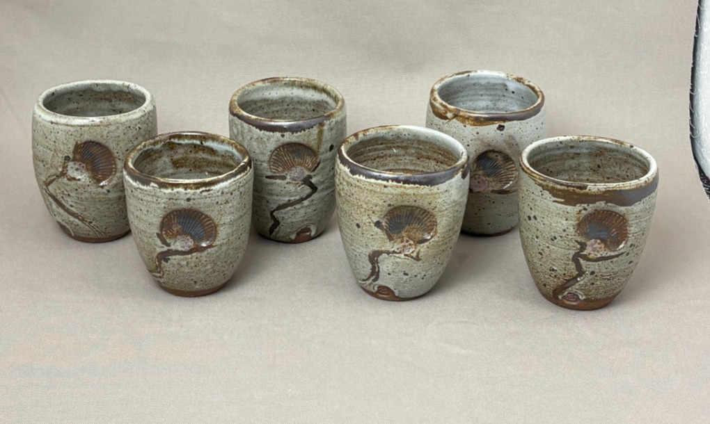 Vintage Studio Pottery Yunomi Tea Cup Set of 6 Stoneware Japanese Sake Tumbler