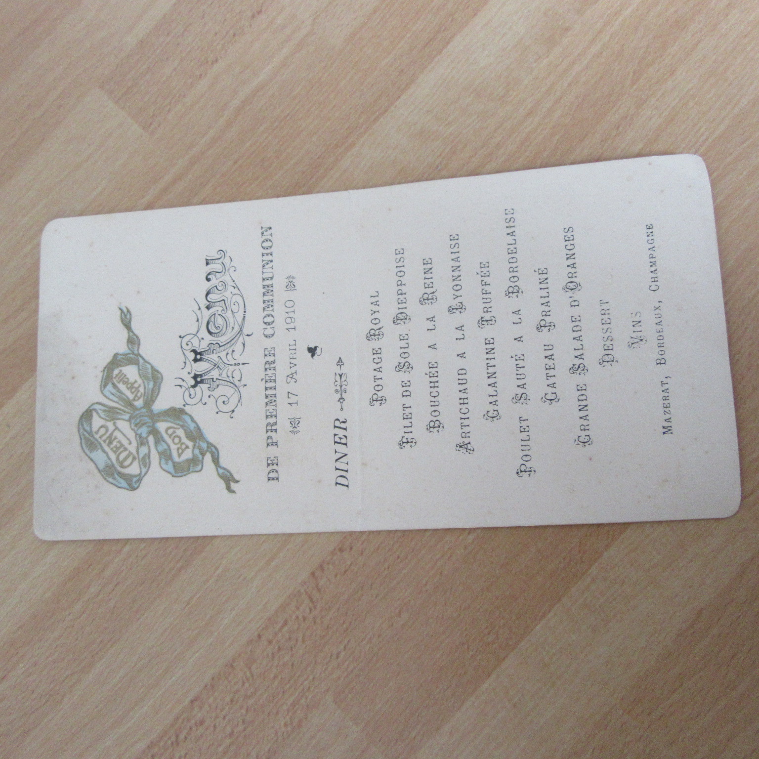 ORIGINAL RESTAURANT MENU 1910 BORDEAUX