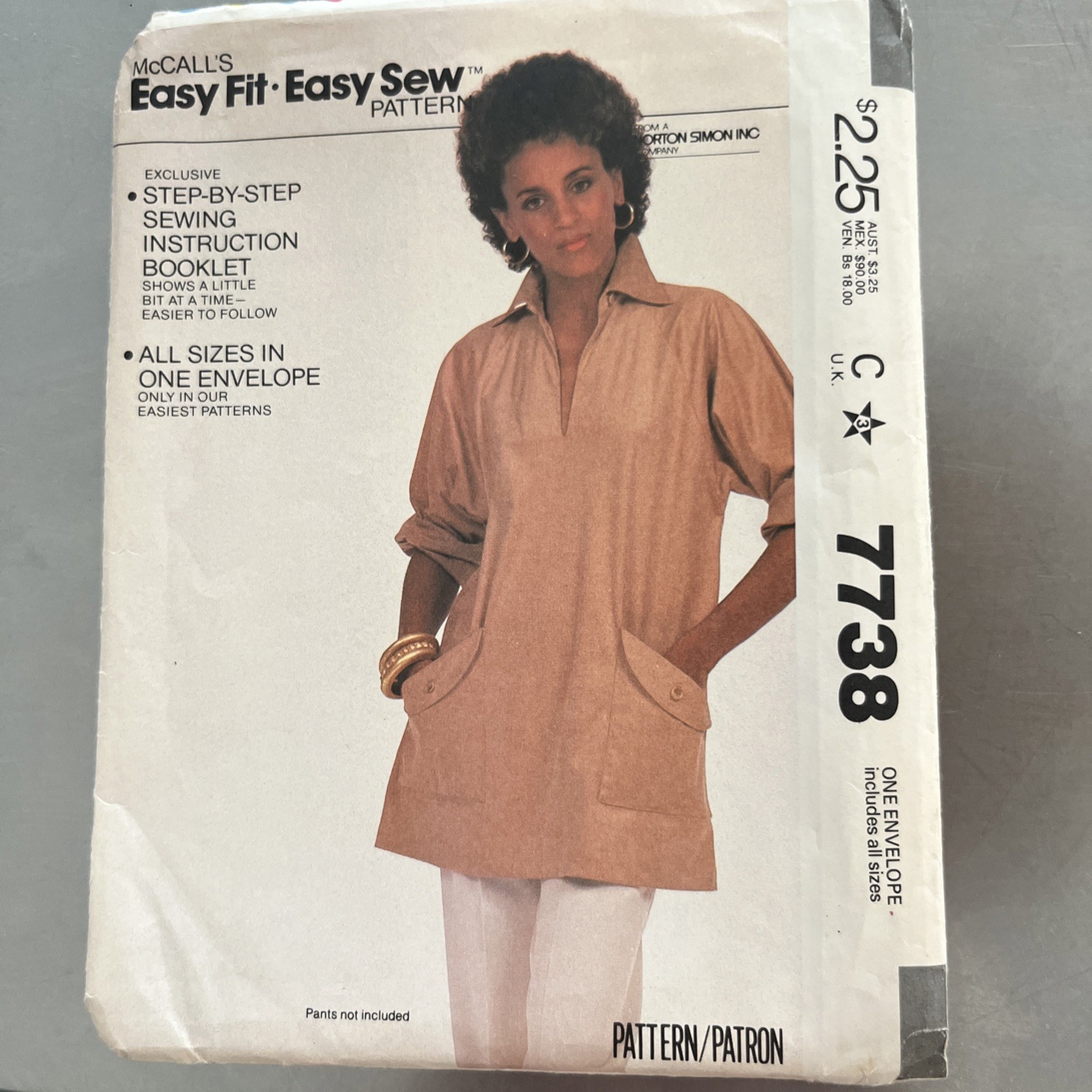 McCALL'S  Easy Fit - Easy Sew7738 Vintage Sewing Pattern Misses' Tunic, Uncut. T