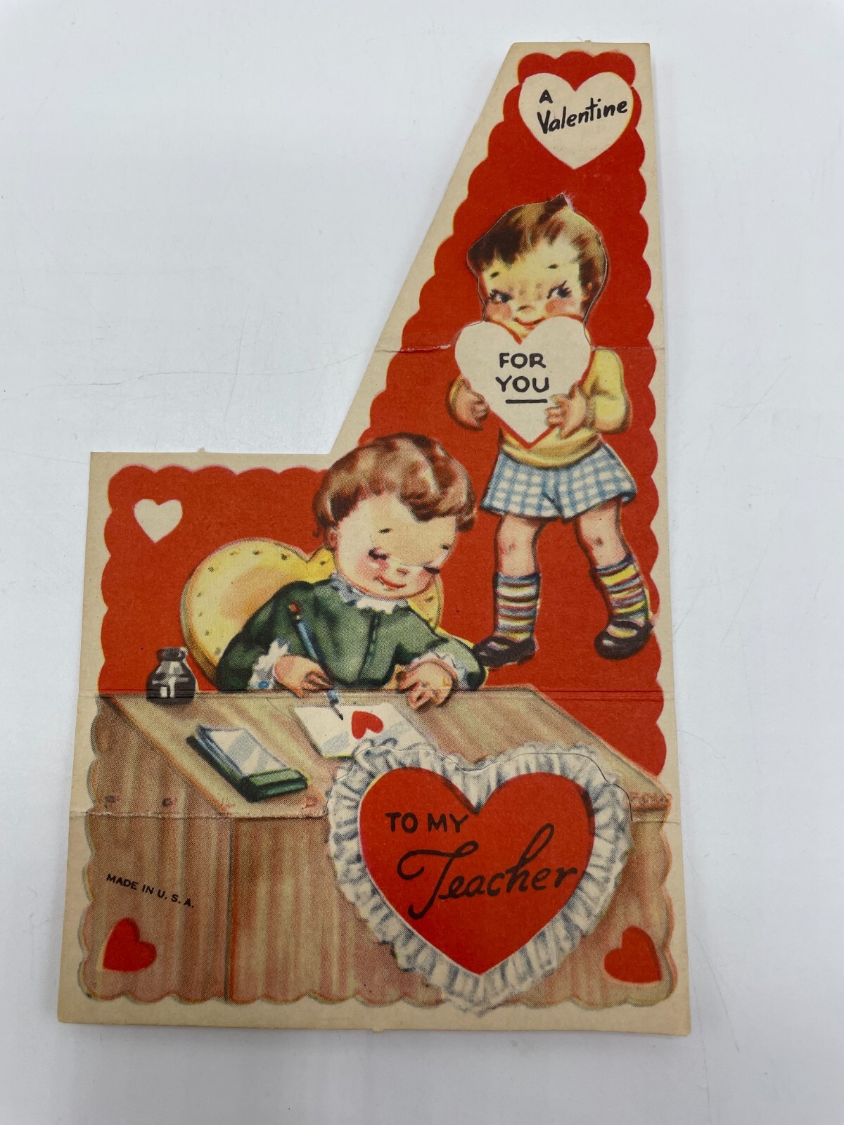 Valentines Day Vintage Greeting Card For Teacher Children with Hearts 1950\'s