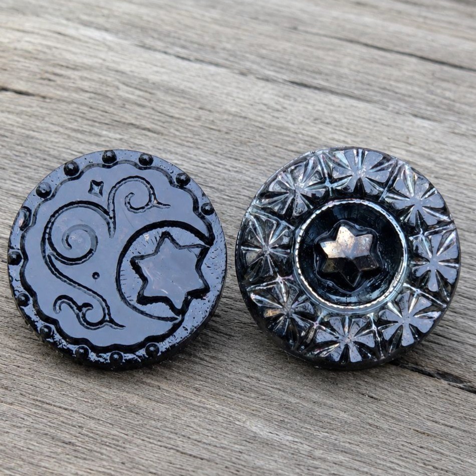 Antique Black Glass Buttons Moon & Stars Set Victorian pictorial Astrological x2
