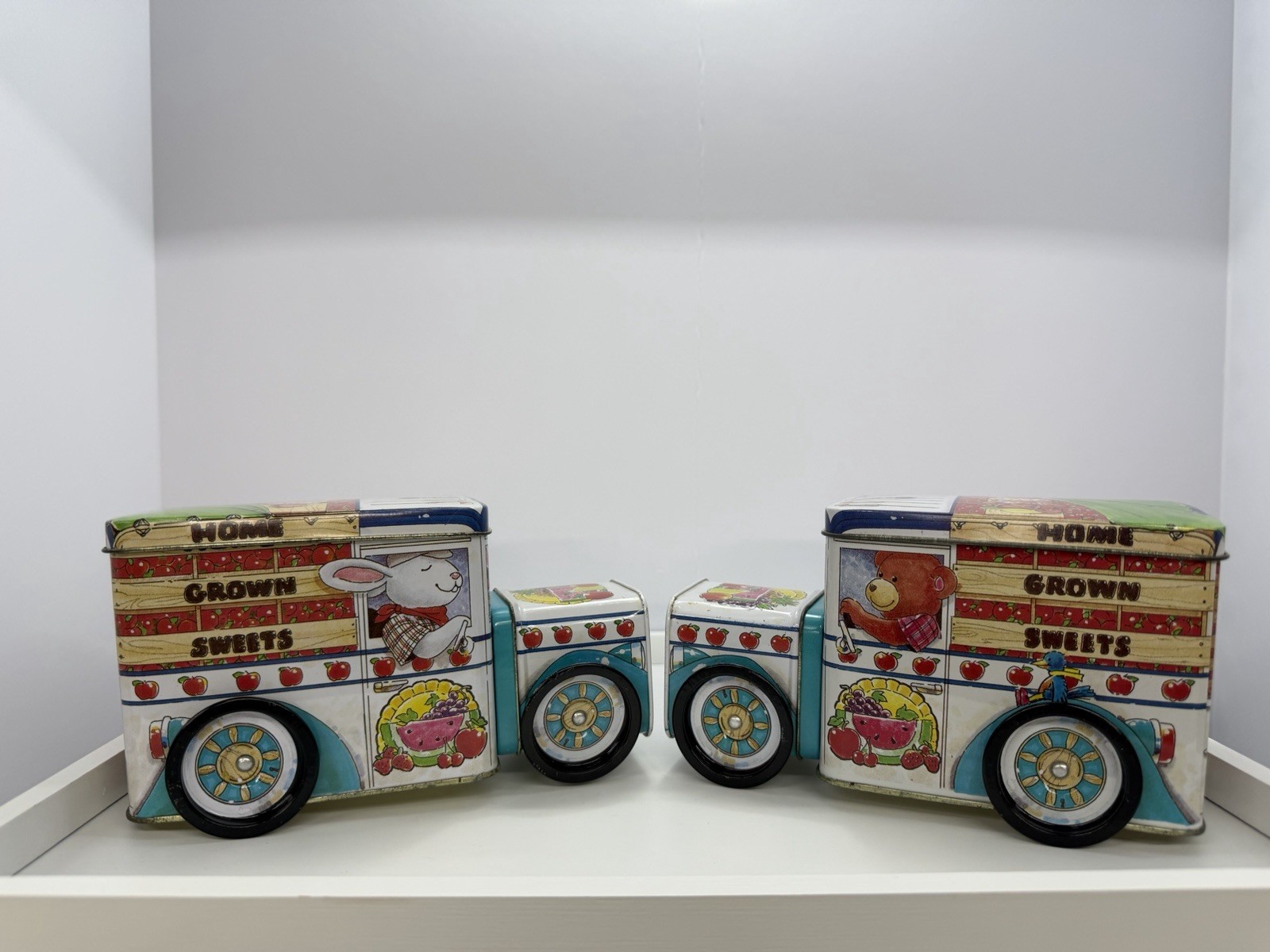 2 x Vintage 1980s Home Grown Sweets Metal Truck Tins – Farmhouse Kitchen Decor