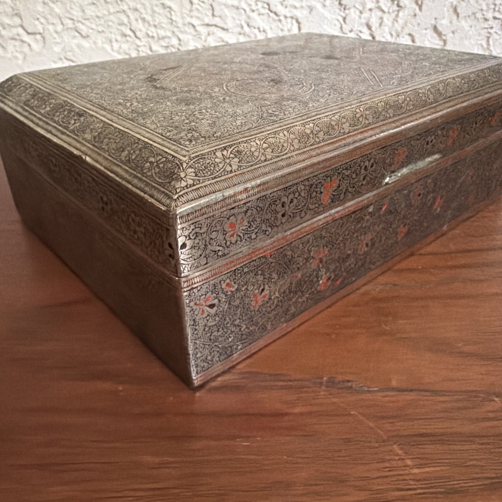 VTG Antique Persian Indian Enameled Brass Box Wood Lined Cigar Trinket Jewelry 