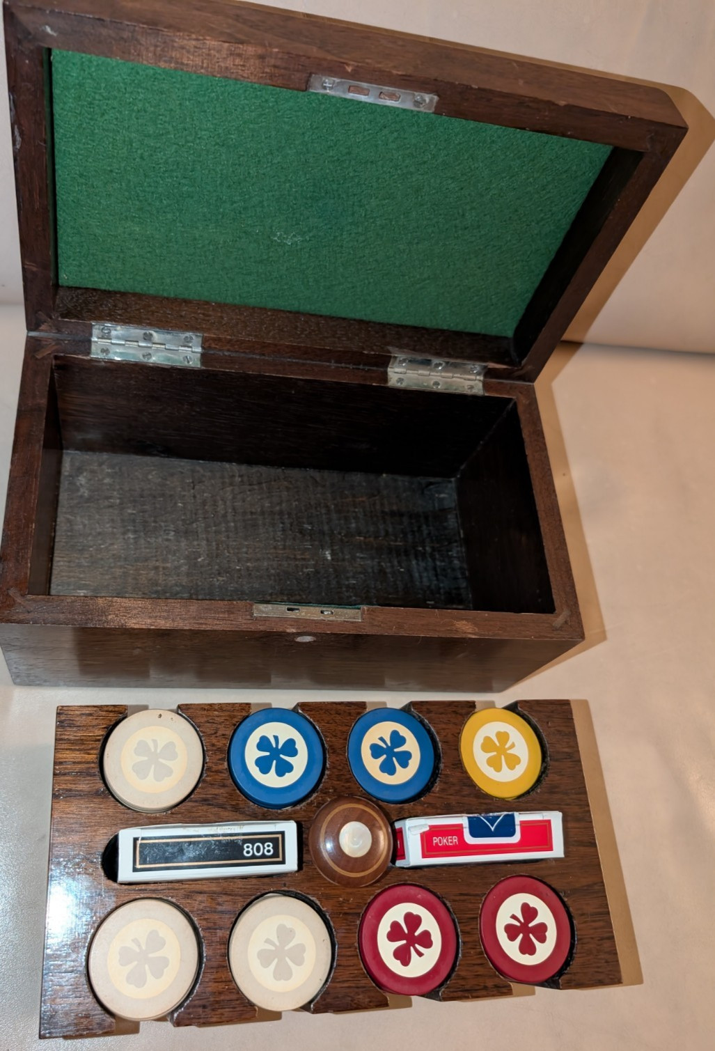 VTG Antique Poker Box - 199x Clay Shamrock Chips - Rack Caddy Vintage Case