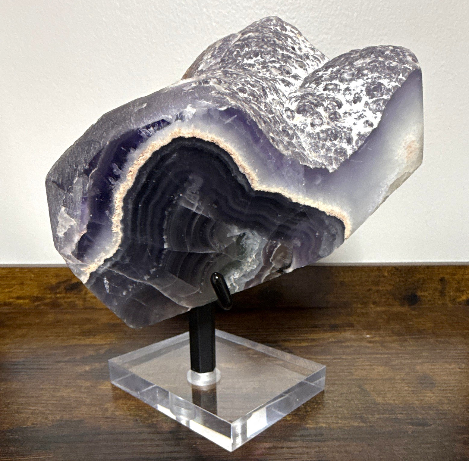 Large Purple Fluorite Banded Mineral Specimen Slab with Display Stand