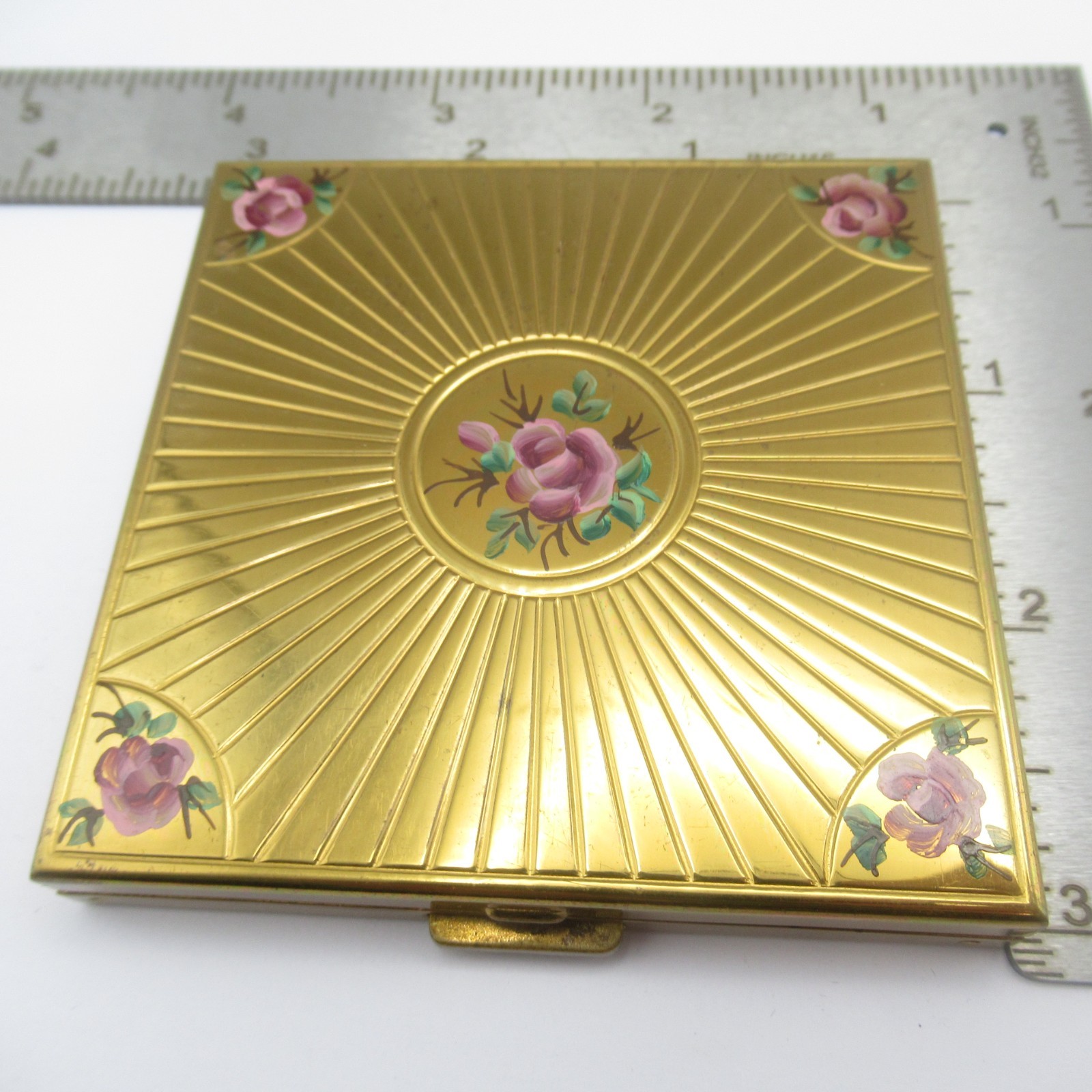 Volupte Compact Vintage Painted Roses Carved Brass Metal