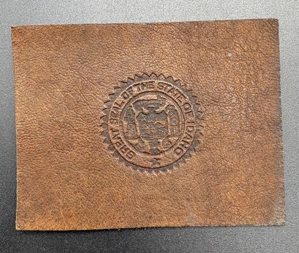 c1910 L23 Idaho State Seal Tobacco Leather Antique Brown 2x2.5