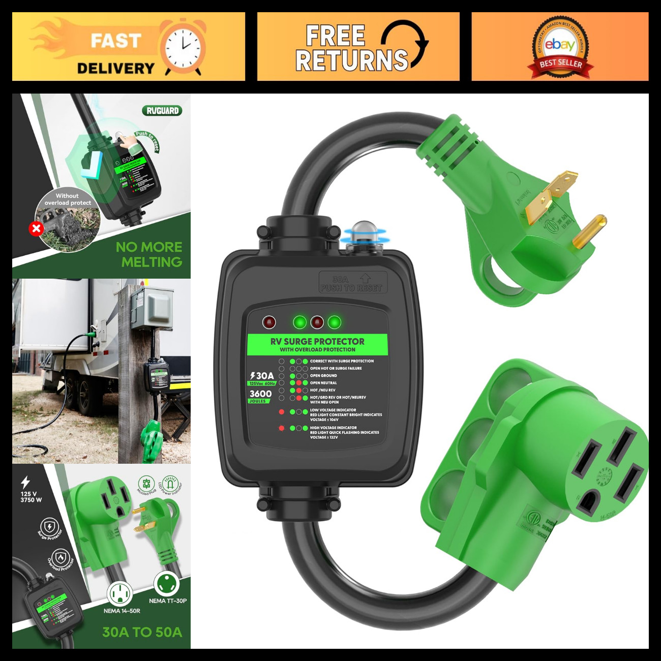 RVGUARD Surge Protector 30 Amp to 50 Amp RV Adapter Cord